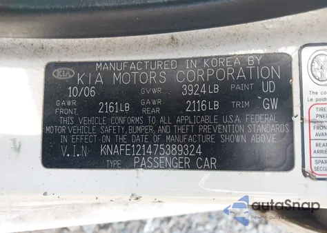 2007 Kia Spectra Lx z USA, uszkodzony, nr VIN KNAFE121475389324